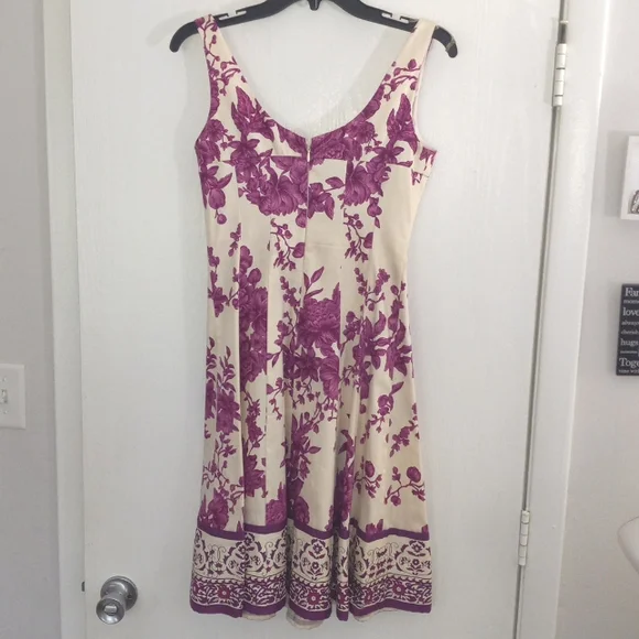 Purple and Cream Floral Midi Dress Size 2 - Picture 8 of 10
